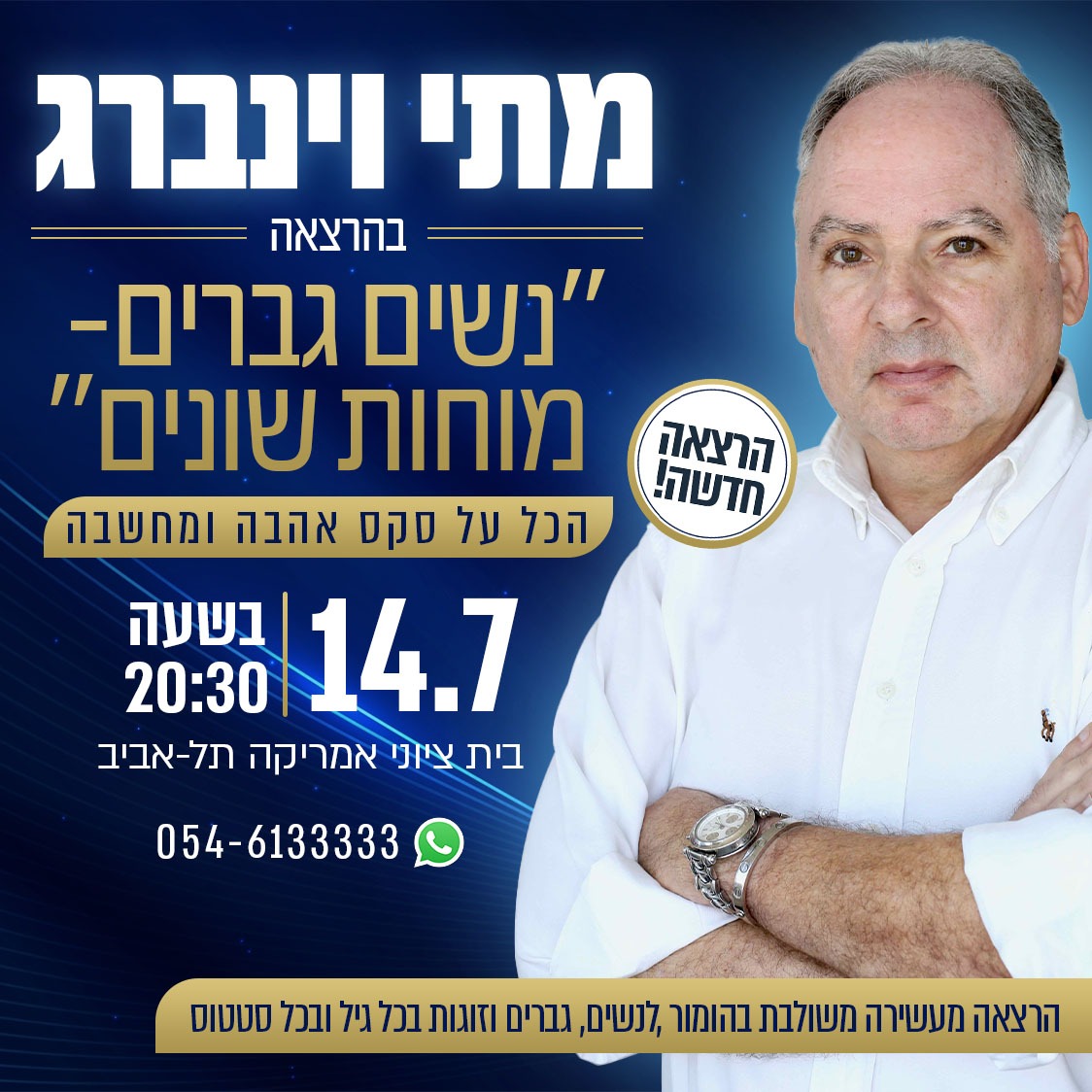 מתי ויינברג בהרצאה "נשים גברים - מוחות שונים" הכל על סקס, אהבה ומחשבה. הרצאה חדשה! 14.07 בשעה 20:30 בית ציוני אמריקה תל אביב 054-6133333 הרצאה מעשירה משולבת בהומור לנשים, גברים ולזוגות בכל גיל ובכל סטטוס.